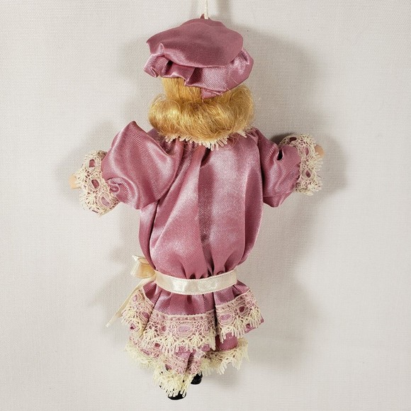 Vintage Doll Style Christmas Ornament Girl In Pink Dress Blonde Hair Flower Hat - Picture 4 of 9